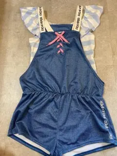 デニム風オーバーオールとストライプ水着3点セット