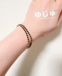 ✅極細 2連 アンクレット ブレスレット ゴールド×ブラックスピネル風 ストーン