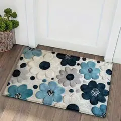 室内用マット 玄関マット バスマット お花柄 スベリ止め加工 ブルー×グレー ②のサムネイル