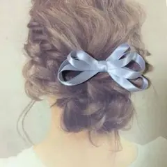 サテンリボンヘアゴム サックスブルー