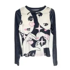 y2k 平成ギャル　黒い人像柄半袖カットソー　ニットハート柄長袖シャツ　00s