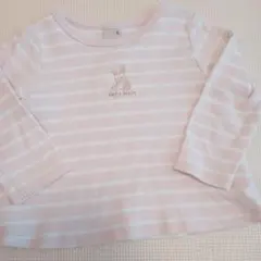 プティマイン90長袖カットソーベビーピンクボーダーうさぎ刺繍女の子ロンT