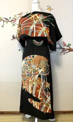 美品 黒留袖 着物リメイク ロングワンピース マキシ 舞楽 ゆったり 大きめ 美品 黒留袖 着物リメイク ロングワンピース マキシ 舞楽