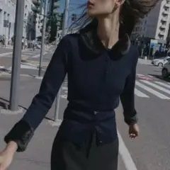 【ZARA】コントラストニットフェイクファージャケット ネイビー