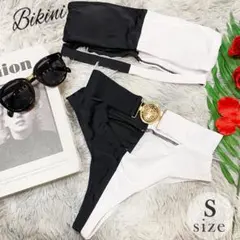 2wayバンドゥビキニ インポートビキニ セクシーバックル水着 S 白黒ビキニ