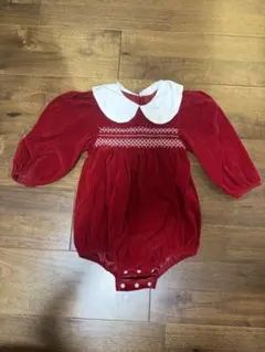 クリスマス　赤いベロア襟付きロンパース