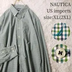 【US輸入古着】NAUTICA 長袖BDシャツ チェック柄 グリーン 2XL