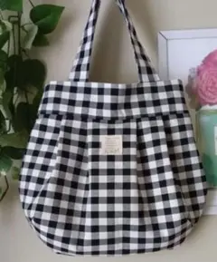 ブラック&ホワイト　チェック　グラニーバッグ　ハンドメイド