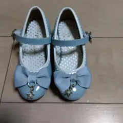 水色 リボン付き キッズシューズ