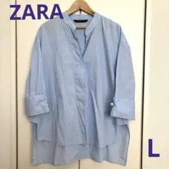 ZARA WOMAN 五分袖 パールカフス オーバーブラウス ライトブルー L