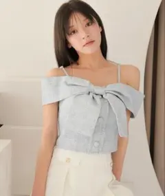 LIP SERVICE ツイードリボンオフショルトップス ブルー