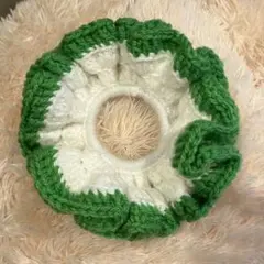 【hallyna】シンプルシュシュ/黄緑×白/ハンドメイド/編み物/鍵編み