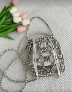 ビーズ装飾 ショルダーバッグ シルバー