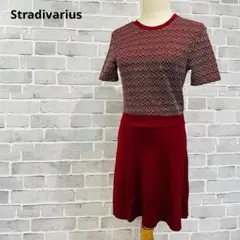 Stradivariusドッキングワンピース赤総柄膝丈半袖お呼ばれ上品 C714のサムネイル