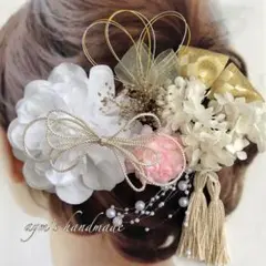 ホワイト＆ゴールド〜和装花髪飾り〜結婚式　成人式　卒業式　振袖　水引　着物　袴