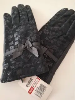 新品未使用 ELMA 本革手袋 レザーグローブ 裏起毛 黒 花プリント