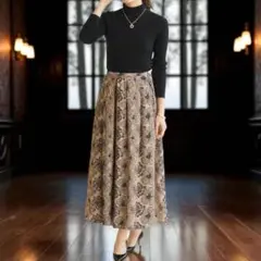 美品 OBLI 刺繍フレアスカート 花柄 上品 ベージュ 黒 M 秋コーデ