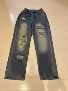 ダメージ加工ダークブルーデニムワイドレッグ