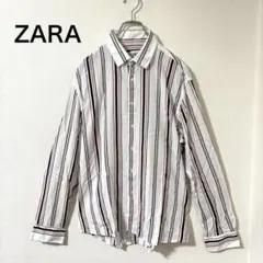 ZARA ストライプ柄 長袖シャツ スリムフィット ホワイトレッド ネイビーXLのサムネイル