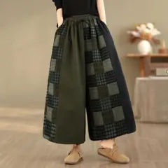 チェック 拼接 ワイドパンツ レトロ 秋冬 レディース ゴムウエスト オシャレ