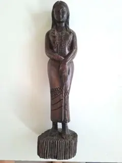 アジア 木製 木彫り 女性像 彫刻 約40cm