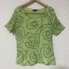 (古着)ライムグリーン ローズパターン 半袖トップス