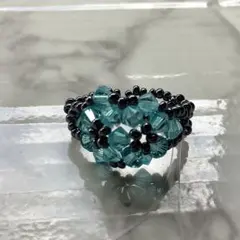 ハンドメイドビーズリング　ブルー　ターコイズ　スワロフスキー
