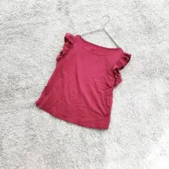 C76【ビス】落着きレッド/フリル袖/ノースリーブカットソー/フェミニン/F