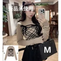 GRL チェック柄フロントオープンリボンニットトップス ru1374