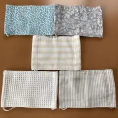 ハンドメイド 　平面マスク　５点　女性用　大きめ 　ストライプ花水玉ボーダー