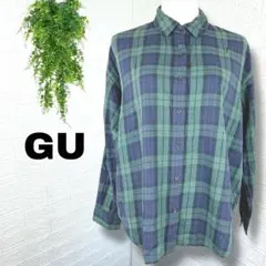 5222【GU】チェックシャツ 長袖 ネルシャツ ブラウス グリーン L