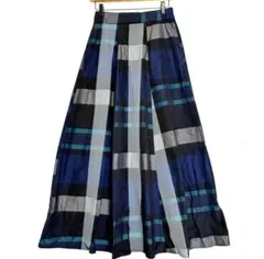 アンスミー　チェックギャザー ロングスカート　【美品】　ブルー系　F