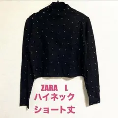 ザラ ハイネック ニット L 黒 ビジュー ドット柄 長袖 セーター ショート丈