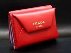 PRADA◎コンパクトウォレット/赤×ライトブルー/カーフ/財布