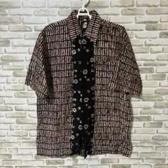 総柄シャツ　半袖　ボルドー　レトロ　タグ付き