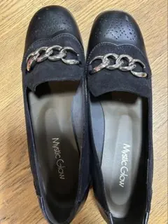 MysticGlow 黒 ローファー チェーン装飾