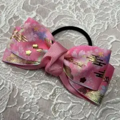 和柄ピンクリボンヘアゴム