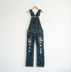 ダメージ加工　ワッペン付き　オーバーオール　ガーリー　インディゴ