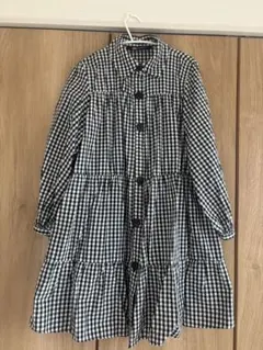 ZARA 黒と白のチェック柄 長袖ひざ丈ワンピース XS