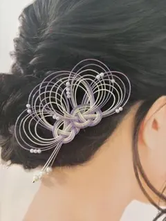 水引のヘアピン　和装　髪飾り　紫×ホワイト　【ハンドメイド】