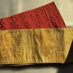 【リバーシブル】赤と金と辛子色の葉模様 半幅帯