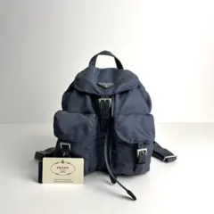 美品 PRADA プラダ リュック 三角ロゴプレート ナイロン レザー ブルー