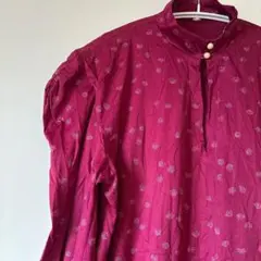【ヴィンテージ】パフスリーブ ロングワンピース スタンドカラー ボルドー 総柄