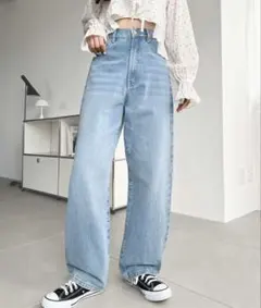 レディース ストレートデニムパンツ ライトブルー Lサイズのサムネイル