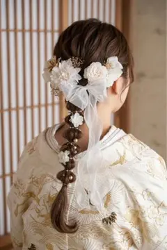 成人式　髪飾り　卒業式　結婚式　リボン　ホワイト　ドライフラワー　ヘッドドレス