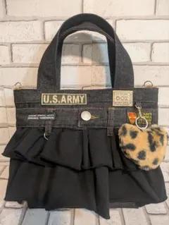 No.E008 ブラックデニム　大人カラー　フリル付きトートバッグ　ヒョウ柄