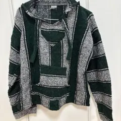 ̖́-フード付きニットセーター 緑と白のストライプ【M】