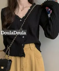 す*れ様 k0882 DoulaDoula フリルリブニットカーディガン ブラッのサムネイル