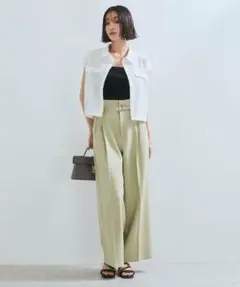 VIS ベージュ ハイウエスト ワイドパンツ