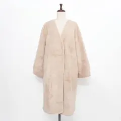N. フェイクファーガウンコート ノーカラー ベージュ サイズM*LD197